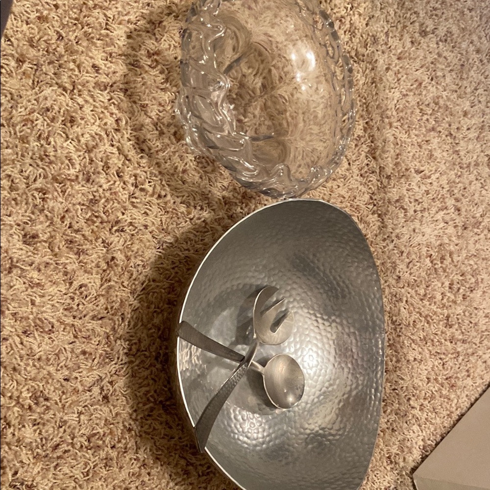 Silver Hammered Metal Bowl with Serving Utensils